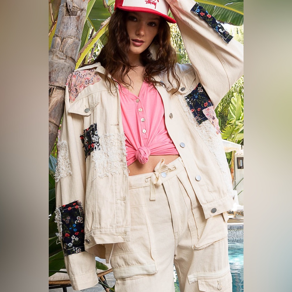 #25 New! Pol Boho Patched Oversized Denim Jacket - Picture 4 of 5